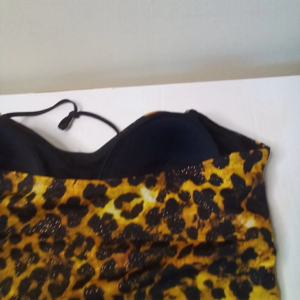 Jaclyn Smith Tankini Top Women 18 Swim Halter Padded Cup Animal Print Black Gold
